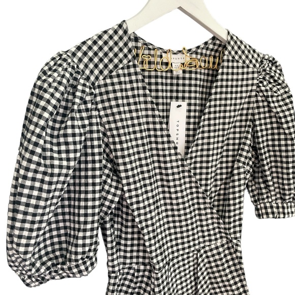 TOPSHOP 9–9 Gingham Tulip Puff Sleeves Dress - NWT Black White - Size 4 - Picture 2 of 5